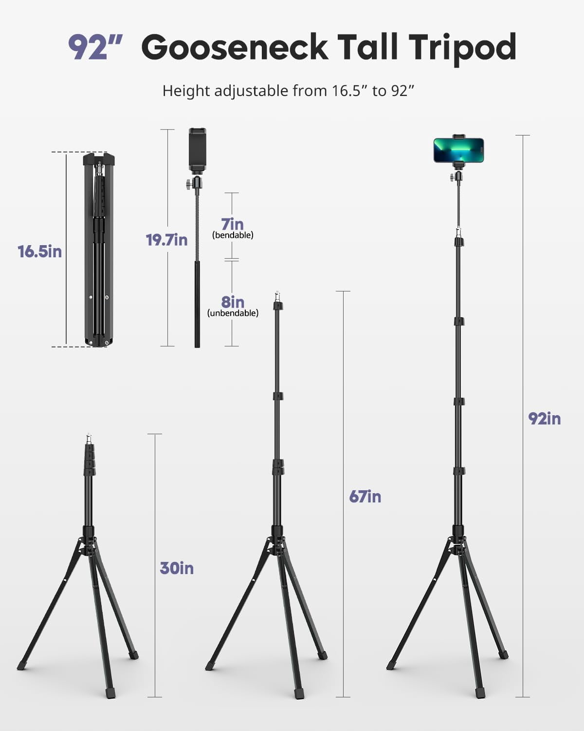 Phone Tripod, 92" Cell Stand with 15" Gooseneck, Remote and Holder, Overhead & Selfie Stick for Recording/Watching/Vlog, Compatible iPhone Android