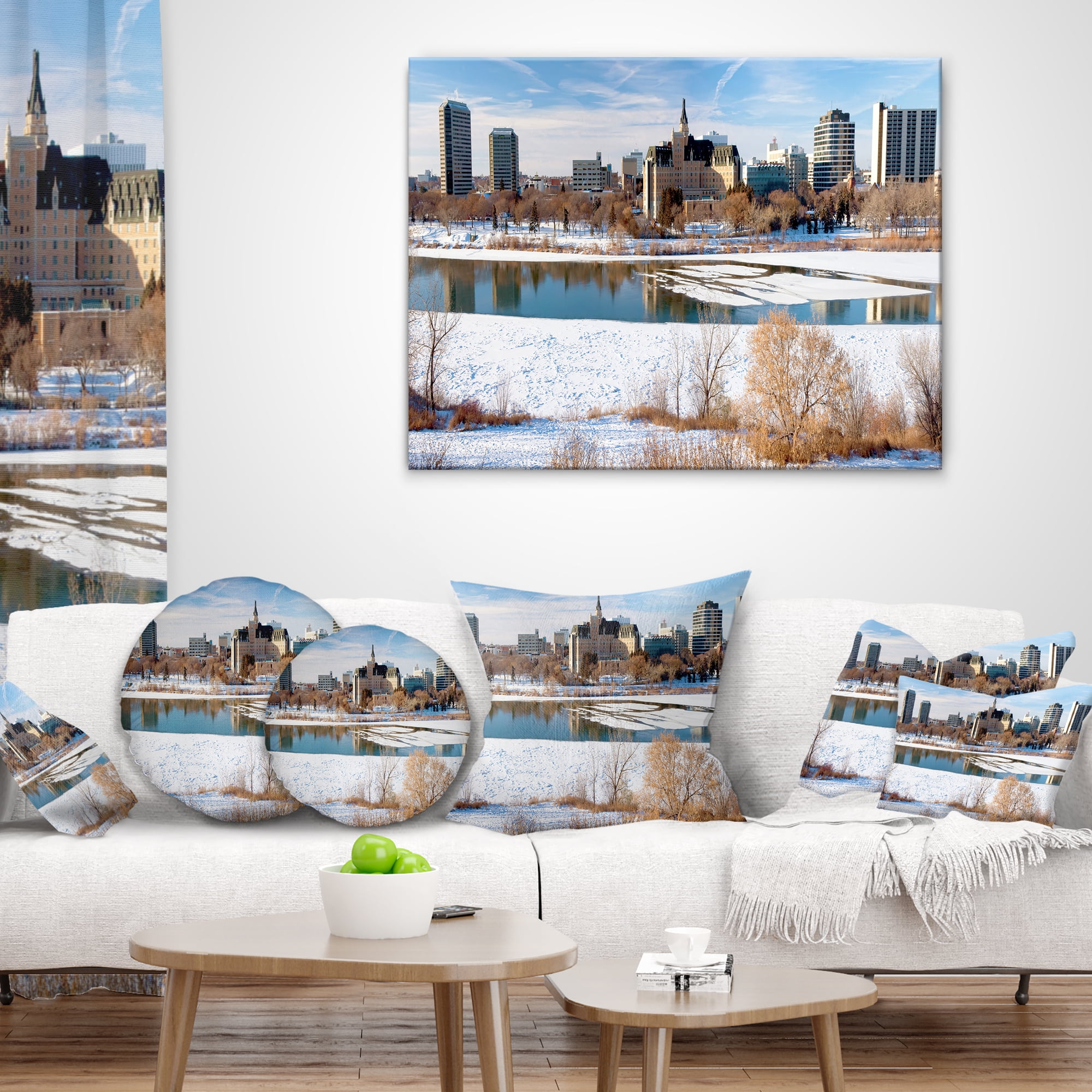 Designart City of Saskatoon Winter Panoramic - Landscape Printed Throw Pillow - 16x16
