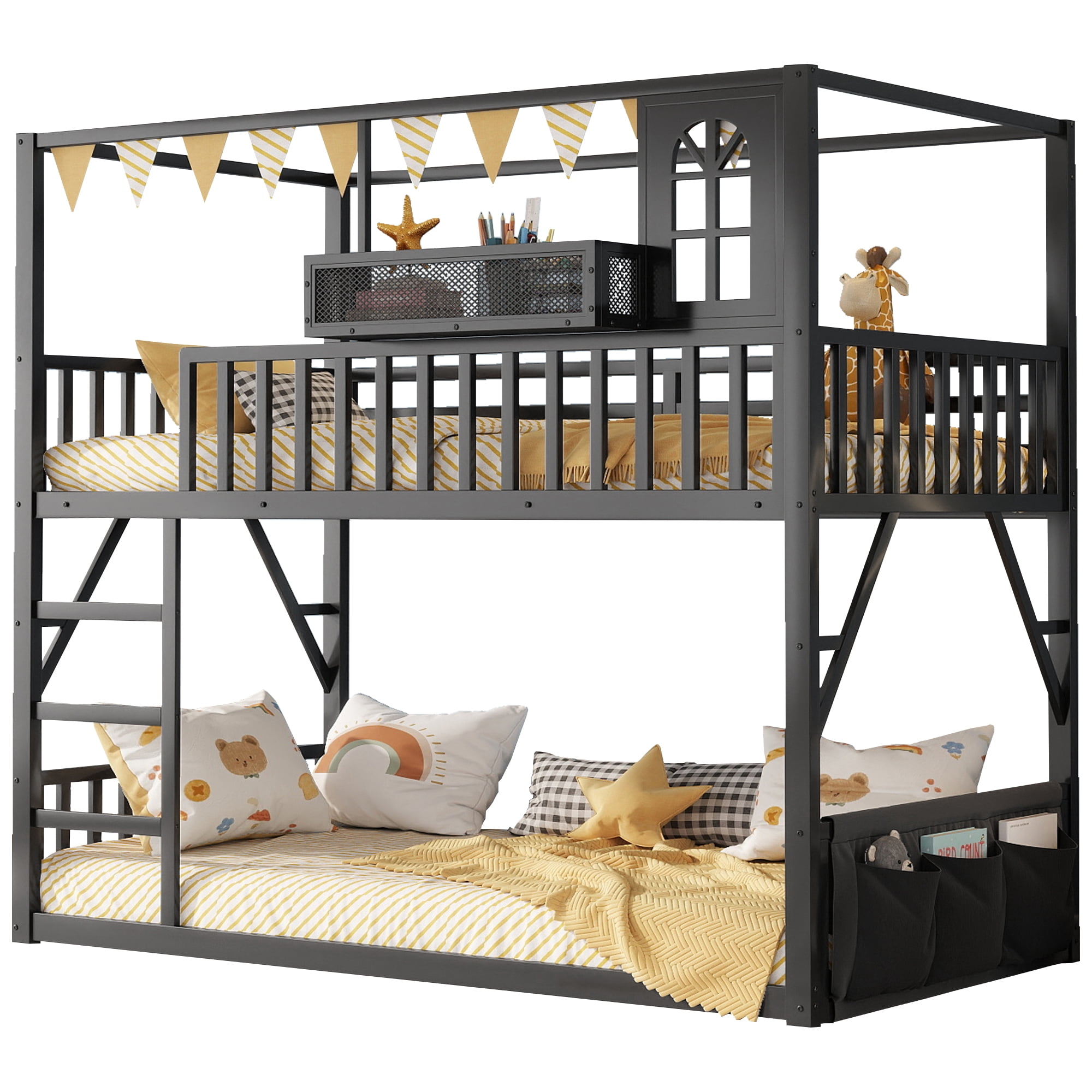 HOQBN Floor Bunk Bed Twin Over Twin,Metal Low Bunk Bed Frame with Storage Shelves and Storage Bag,Black