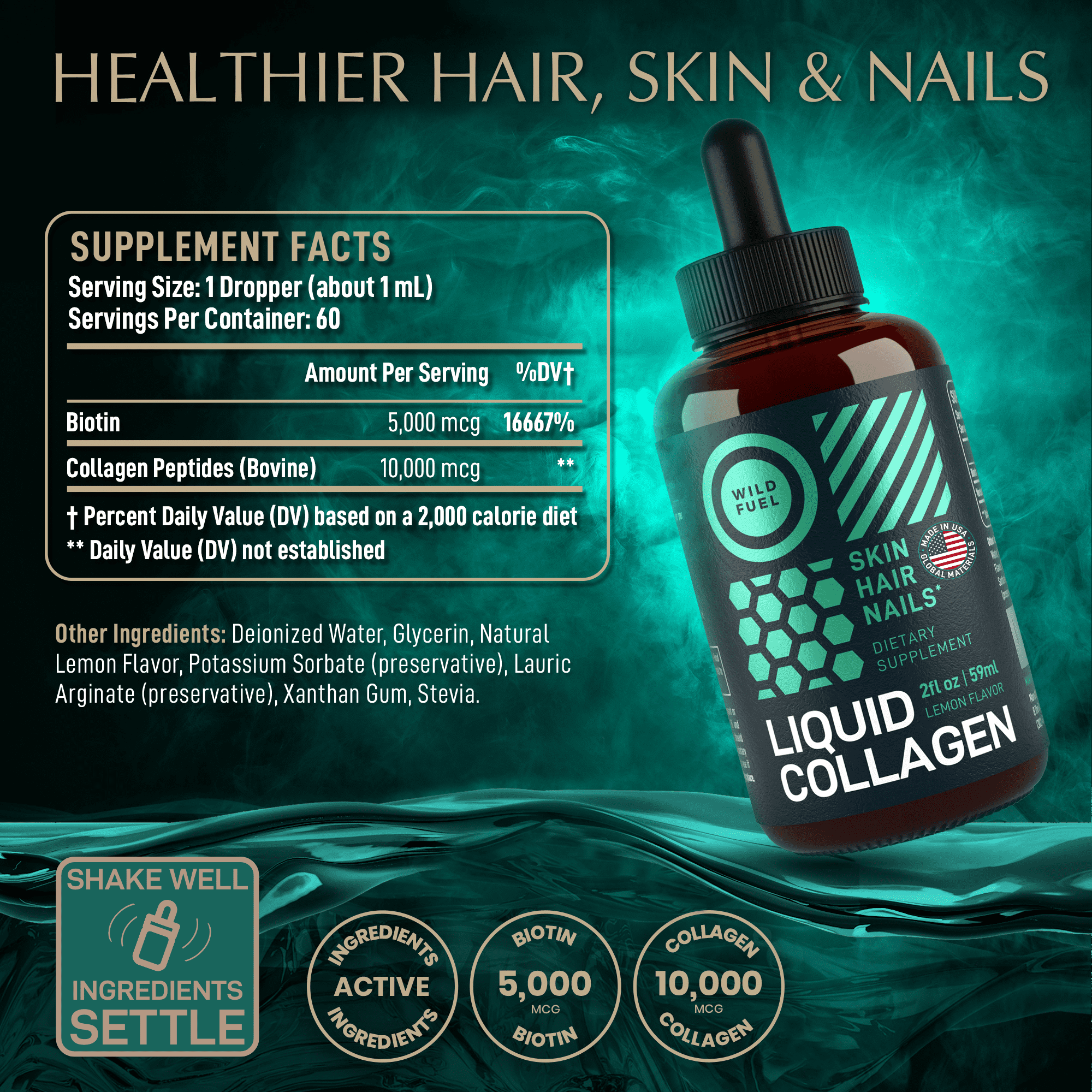 WILD FUEL Liquid Collagen Peptides with Biotin Vitamins for Hair Skin and Nails - 30,000mcg Biotin and Collagen Liquid for Women and Men - Lemon Flavor, up to 2-Month - 2 oz