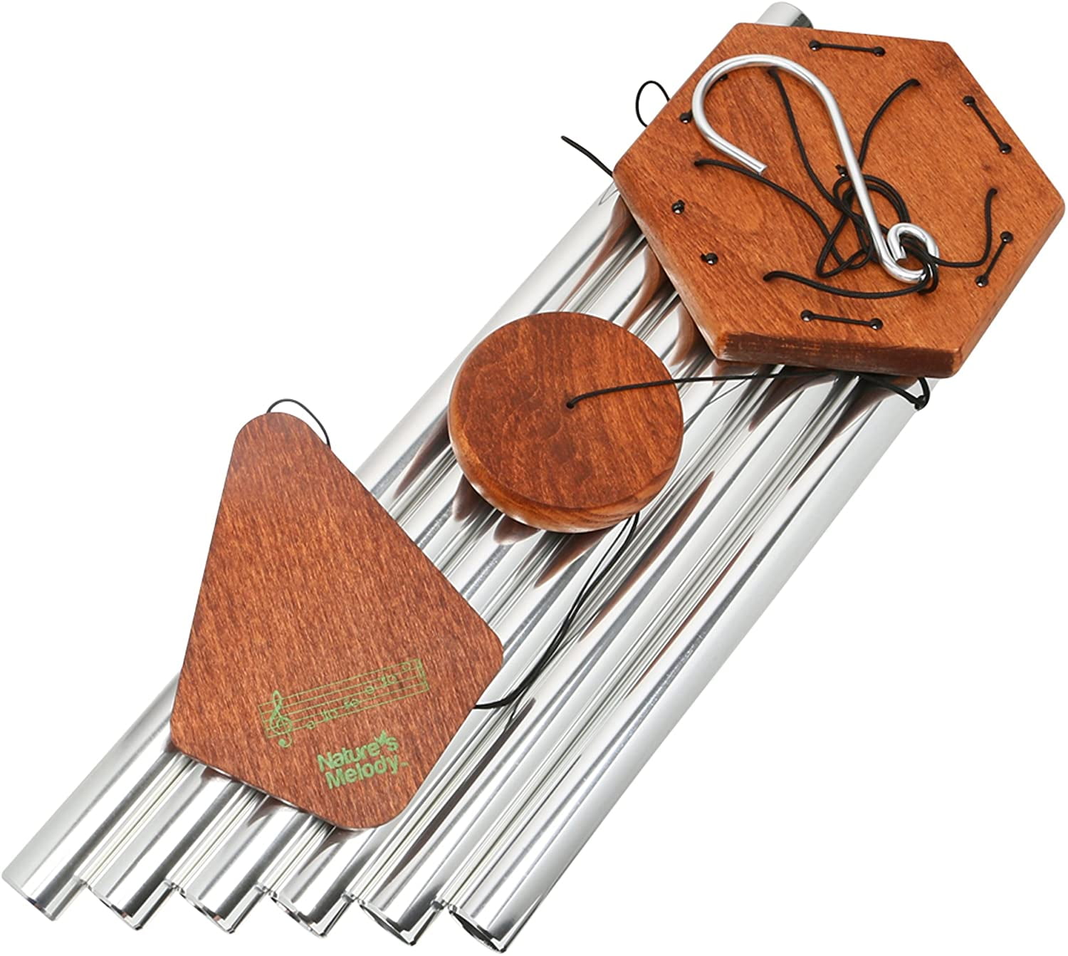 Nature?s Melody Premiere Grande Tunes Wind Chimes ? Outdoor Windchime with 6 Tubes Tuned to E Pentatonic Scale, Rustproof Aluminum, Beech Wood & S Hook Hanger for Sympathy, Memorial Gift or Zen Garden