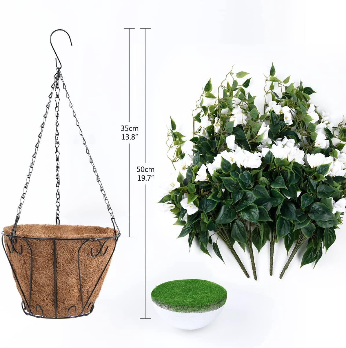 Artificial Flowers Hanging Basket,Bougainvillea Silk Vine Flowers for Outdoor/Indoor, 0Inch Coconut Lining Flower Pot with Hanging Plant for Patio Lawn Garden Decor (Purple)