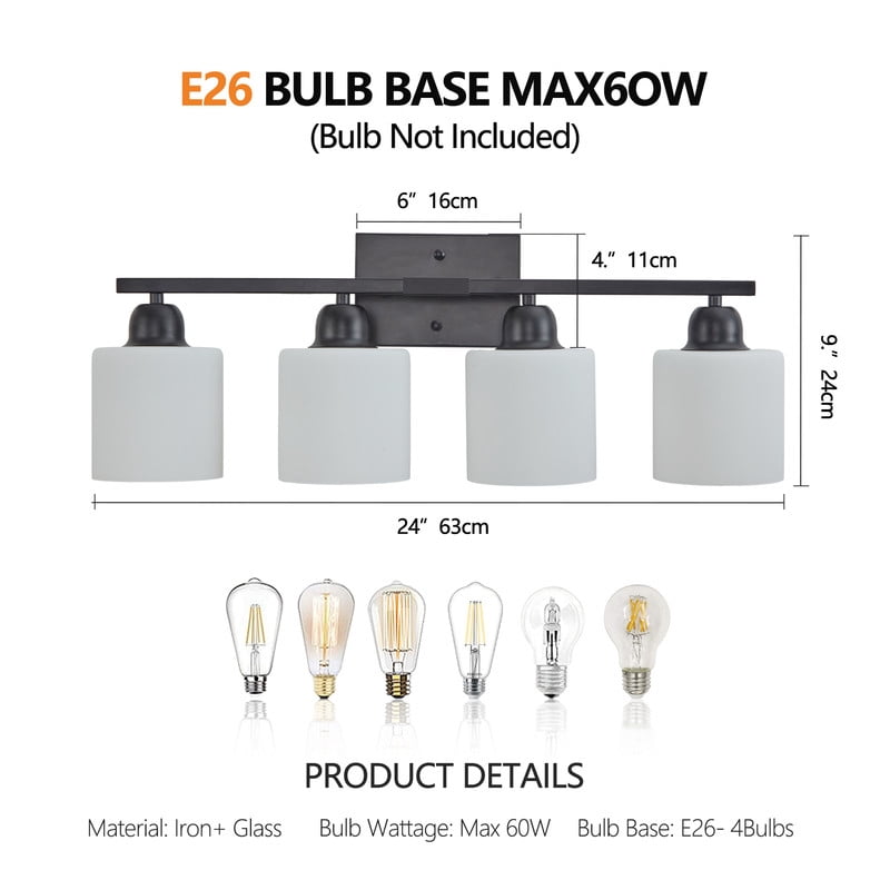 24.8" Black Modern 4-Light Bathroom Vanity Light - Frosted Glass Wall Sconce for Mirror, Dressing Room & Hallway (Bulbs Not Included)