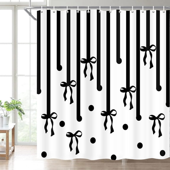 Bow Shower Curtain Cute Black and White Bowknot Modern Stripes Bathroom Curtains Aesthetic Dots Pretty Coquette Style Girls Rustic Farmhouse Bathbub Decor with Hooks 70"W x 72"L (Pack of 1)