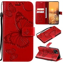 Nalacover For iPhone 15 Case,Slim Embossed Butterfly PU Leather and Soft Inner TPU Flip Kickstand Magnetic Closure Card Slots Wallet Shockproof Cover with Wrist Strap,Red