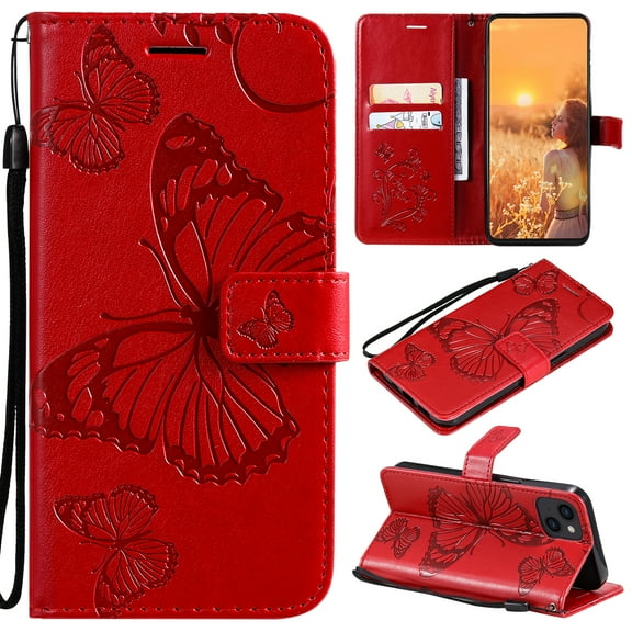 Allytech iPhone 15 Case Wallet, PU Leather Big Butterfly Embossed Cards Slots Kickstand Shockproof Flip Folio Cover Wallet Case for Apple iPhone 15 - Red