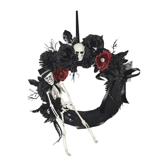 Couronne Noire de 18 Po avec Squelette et Fleurs