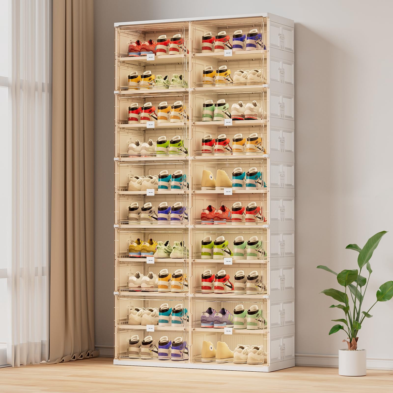 JEKO&JEKO 10-Tier Double Column Foldable Shoe Storage Rack with Magnetic Doors, White