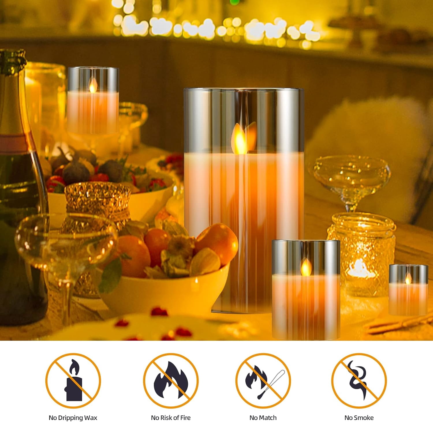 Cimetech Flickering Flameless Candles Set of 3, 3D Wick Acrylic Electric Fake Candles,Easter Decor, Battery Operated with Remote and Timer-Gold 4''x5''x6''