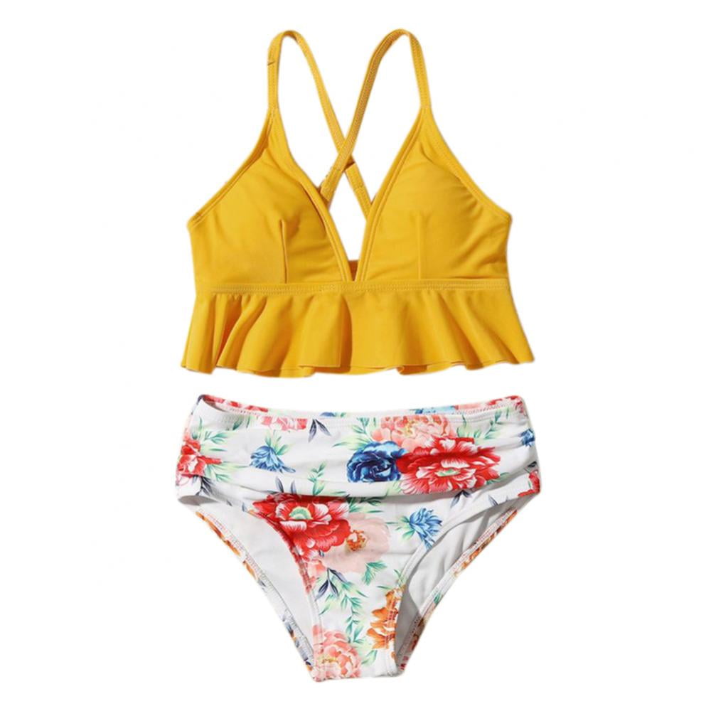 Girls Swimming Costume Two Piece Tankini Swimsuit Hawaiian Ruffle Swimwear Bathing Suit Set 