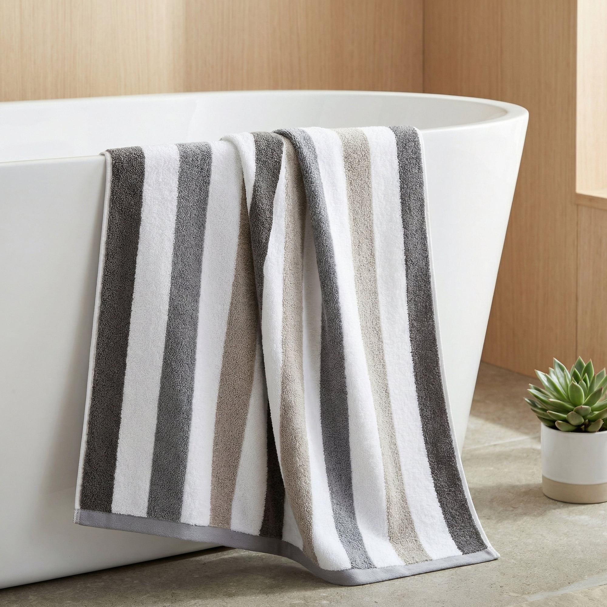 Unique Bargains Absorbent Stripe Soft Cotton Towel 2 Pack Grey 55"x28"