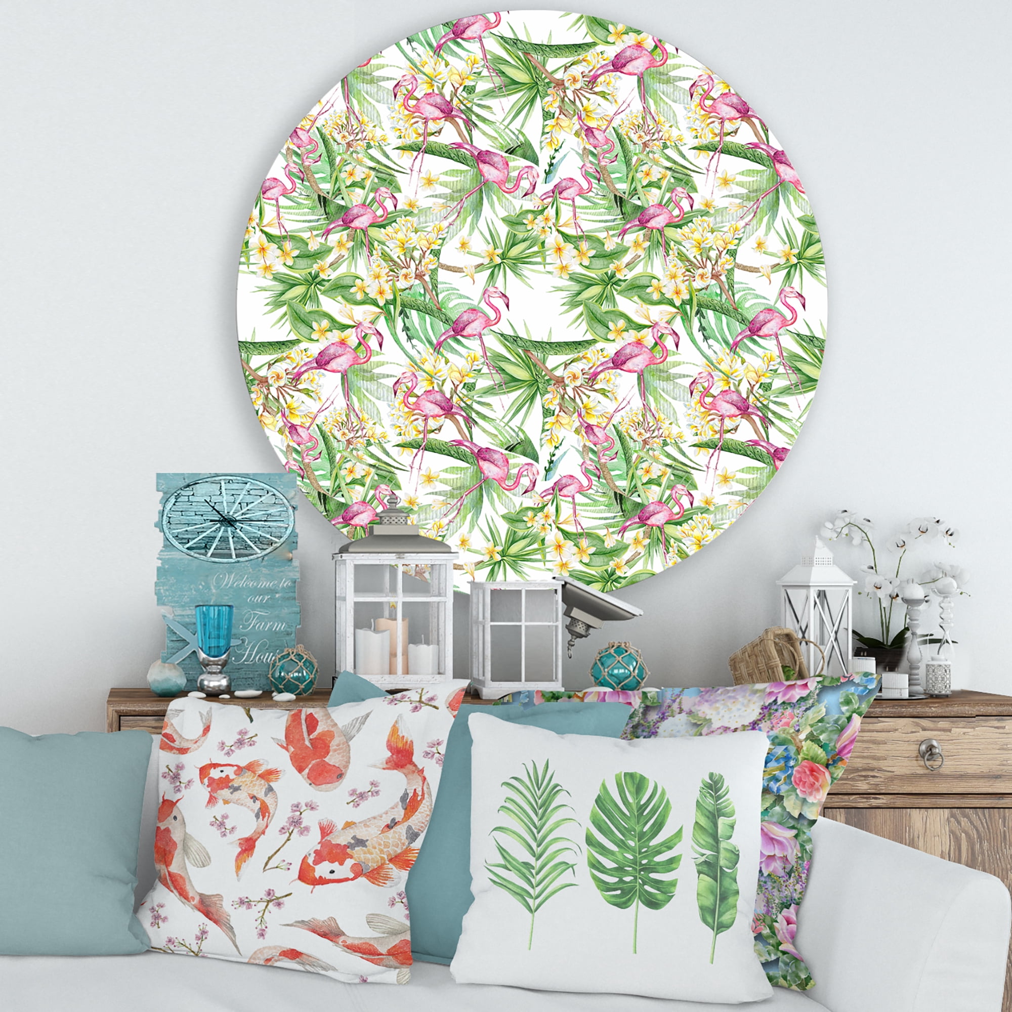 Designart 'Yellow Flowers, Tropical Foliage With Flamingo II' Modern Circle Metal Wall Art 36x36 - Disc of 36