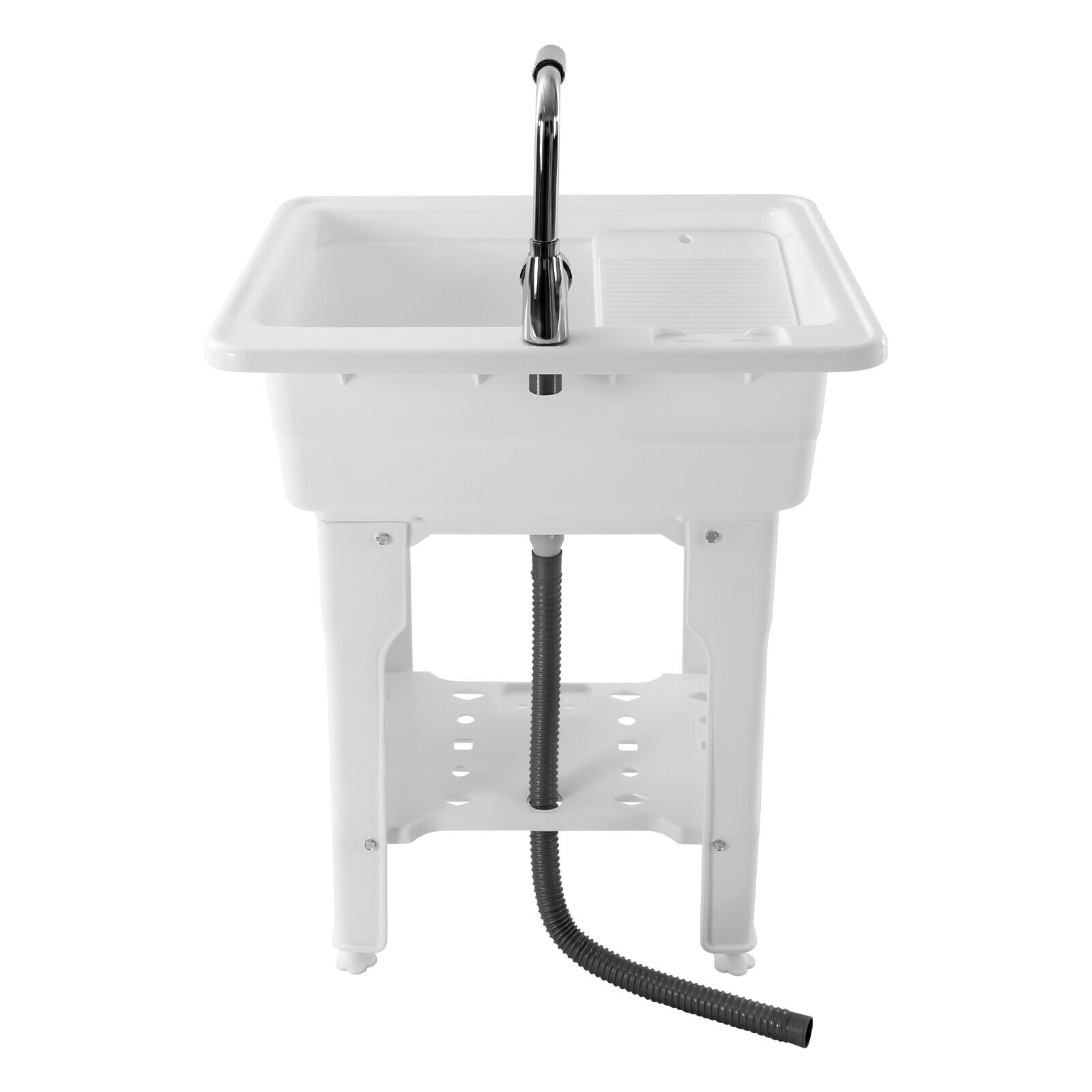 Freestanding Plastic Laundry Sink with Washboard, W31 x D22 x H31.5  Indoor and Outdoor Utility Sink with Cold and Hot Water Faucet, Hoses and  Drain