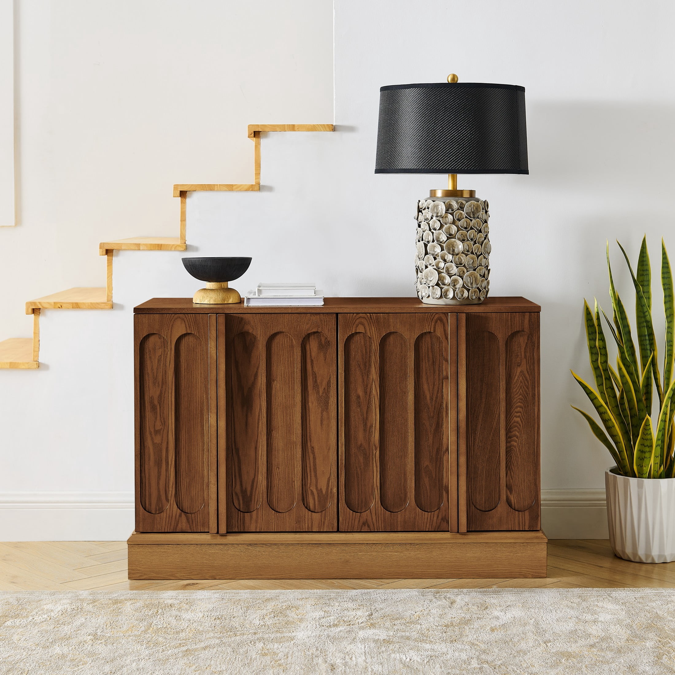 GDF Studio 44.8" Mid Century Modern Fluted Sideboard Cabinet with Adjustable Shelves, Walnut+Natural