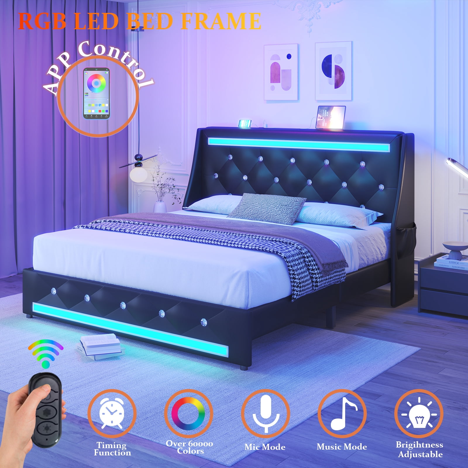 Holiway Full Size LED Bed Frame with Upholstered Headboard, Wingback PU Leather Headboard with Charging Station, Diamond Tufting, Black