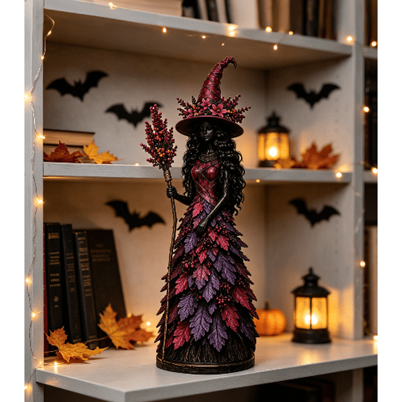 Enchanted Autumn Witch Figurine,Hand-Painted Resin Fall Witch Figurine with Floral Witch Hat for Indoor Autumn and Halloween Tabletop Hobby Display