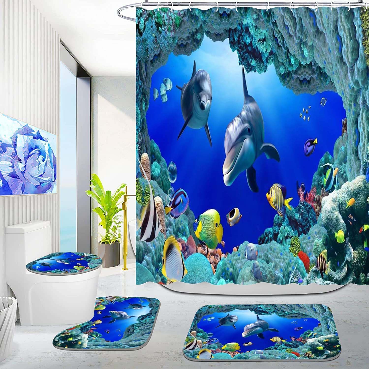 and Fishes Bathroom Sets with Rugs and Accessories Blue Ocean Seaweed Shower Curtains Set Bathroom Sets for Boys and Girls Underwater Sea World Bathroom Sets with Bath Mat