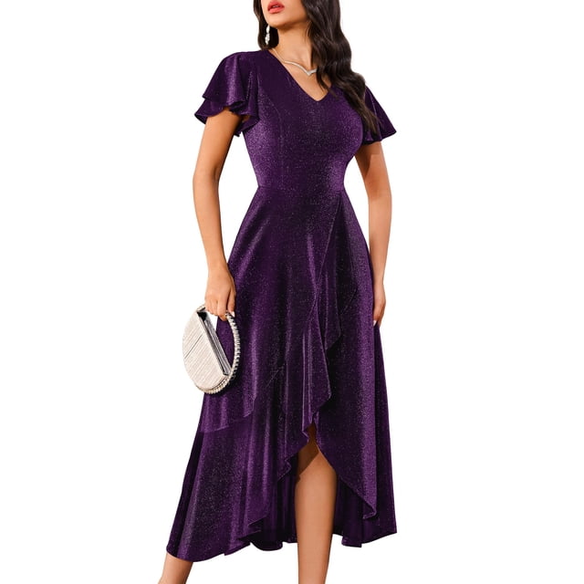 Vestido BeryLove con lentejuelas, formal, fiesta, manga ondulada, color morado S
