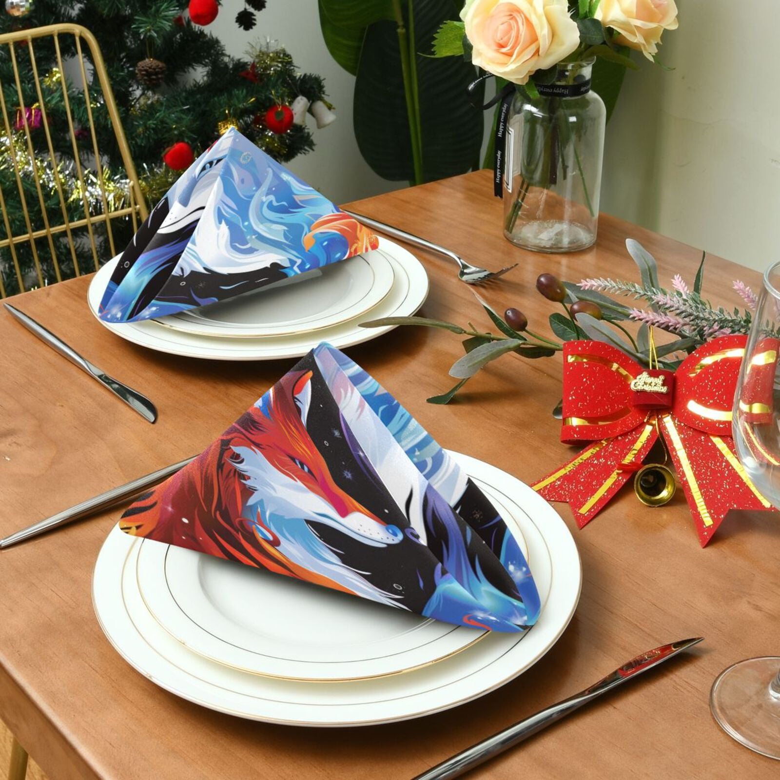 JSTEL Foxes Starry Cloth Napkins Set of 6, 20x20 Inch Washable and Reusable Napkin for Decoupage Dinner Party Everyday Use