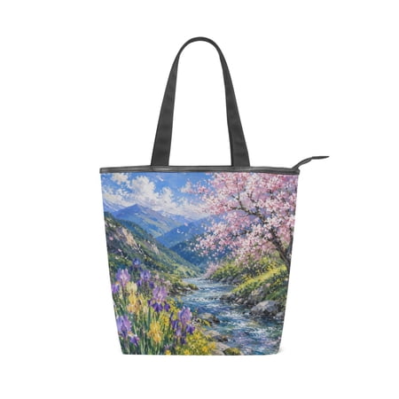 Large Capacity Canvas Tote Bag with Zipper Durable Canvas & Leather Shoulder Handbag All-over Print Tote for Work Commuter Shopping Travel Pink Cherry Blue River