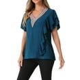 thumbnail image 4 of INSPIRE CHIC Women's Summer Ruffle Short Sleeve V Neck Loose Casual Blouse L Dark Blue, 4 of 6