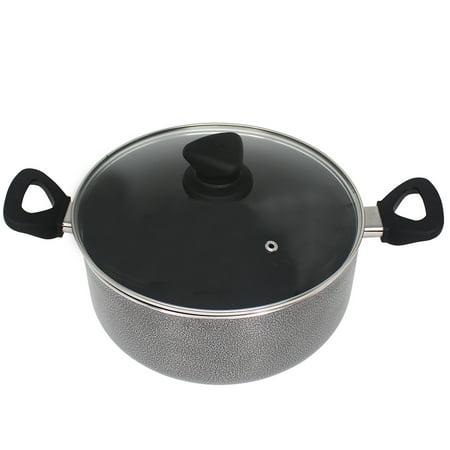 IMUSA 4.8qt Charcoal Aluminum Nonstick Stock Pot with Glass Lid & Soft touch Handles, Black