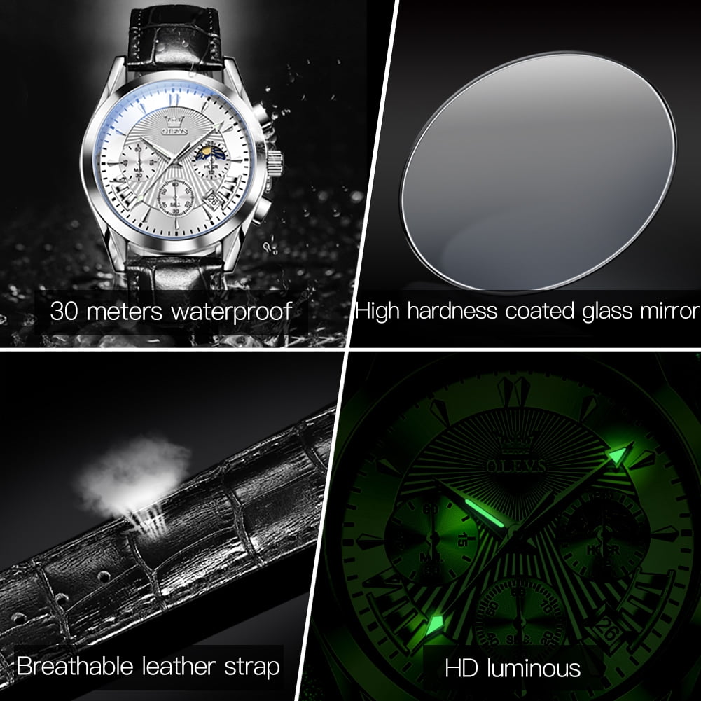 OLEVS Watches for Men Chronograph Black Leather Gold Plated Case Analog Quartz Fashion Business Dress Large Face Mens Watches Luminous Waterproof Casual Male Wrist Watch Reloj para Hombre