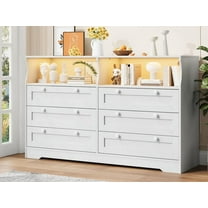 Senfot Chests of Drawers, 55" Wide Dresser with 2 Open Storage, Closet Organizer TV Stand,Wooden 6 Drawer Dresser for Bedroom with Led Light and Charging Station,for Bedroom, Living Room, White