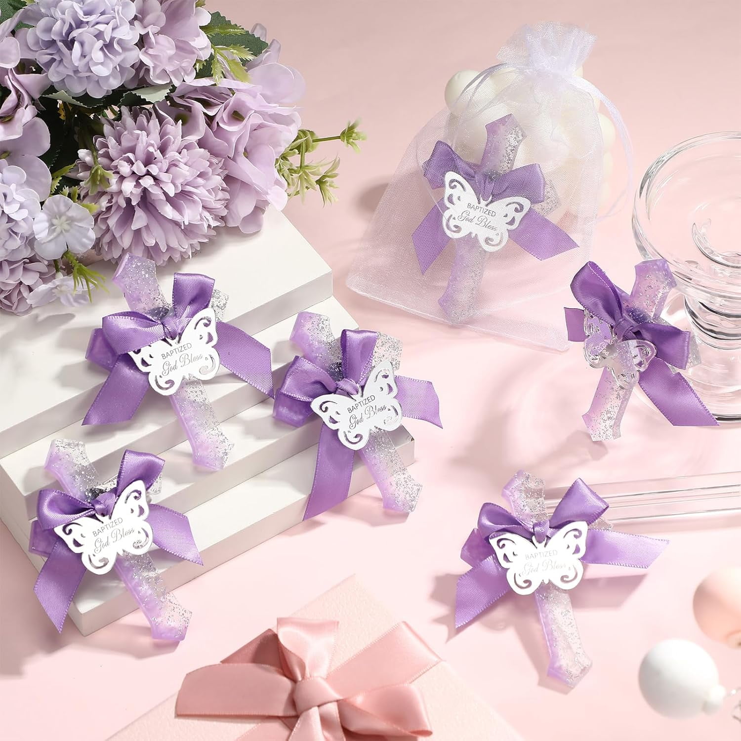 12 Pcs Baptism Favors for Guests Epoxy Cross Fridge Magnets First Communion Cross with Flower Christian Souvenirs Gift for Baptism Christening Baby Shower Party Family Gathering (Purple)