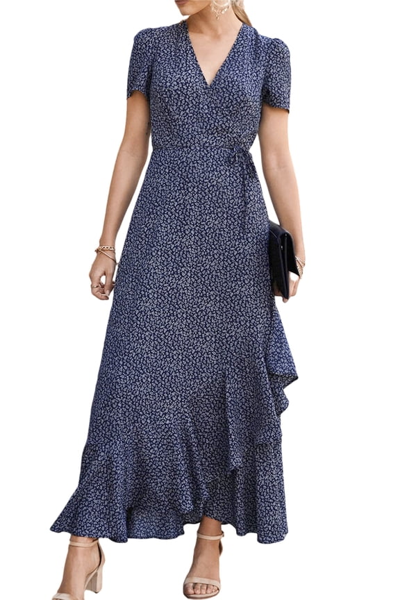 Women's Summer Wrap Maxi Dress Casual Boho Floral V Neck Short Sleeve Ruffle Hem Split Beach Long Dresses