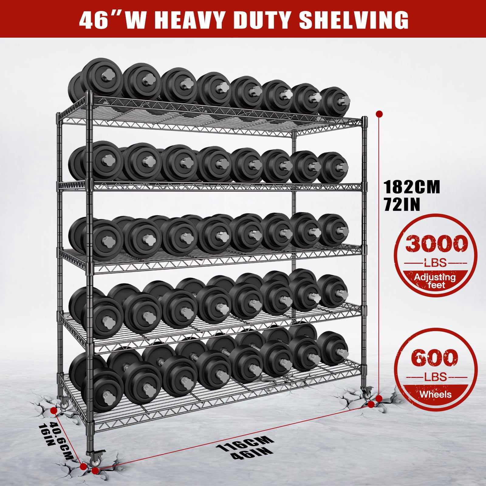 5-Tier Heavy Duty Wire Shelving Unit,3000 lbs Storage Rack,Metal Shelving with Wheels,Storage Shelves for Garage,Workshop,46"W x 16"D x 72"H