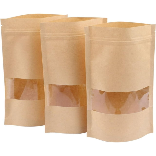 Katkitchen 100PCs Zip Lock Stand Up Kraft Paper Food Storage Bags Pouch with Window & Tear Notch, 7.9"x5.5" Food Saver Paper Party Gift Favor Wrap for Candy, Coffee Beans Nuts