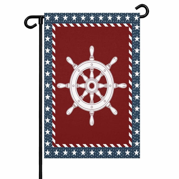 Ship Wheel Garden Flag 28x40 Inch Vintage Red White Nautical Anchor Stars Red Stripes Blue Dots Double Sided Small Decorative Garden Flags for Outside, Outdoor Yard Porch Lawn Decoration
