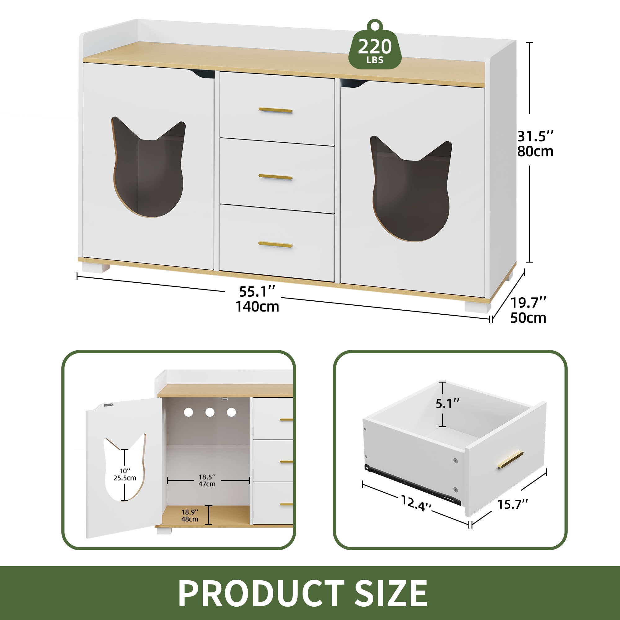Uforic Litter Box Furniture with 2 Rooms, Wood Cat Litter Box Enclosure Cabinet with Drawer, White