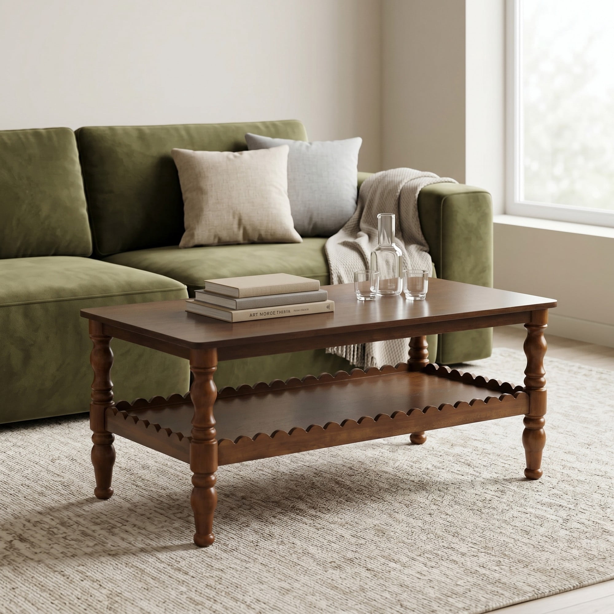 BSHTI Antique Brown 43.3” Rectangle Coffee Table with 2-Tier Design and Storage Shelf(Antique Brown)
