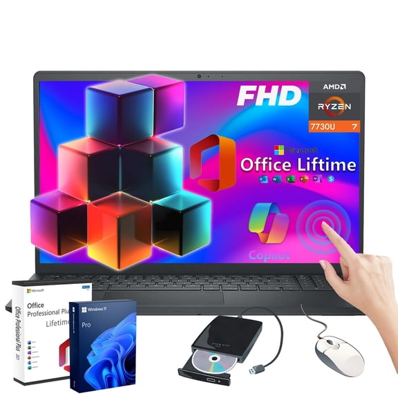 Dell Inspiron-15 3535 Touchscreen Laptop Computer - w/Office Lifetime * 15.6" Full HD * Ryzen 7 7730U(up to 4.5 GHz) * Long Battery Life * Win 11 PRO for Person Use or Business Work(64GB RAM, 2TB SSD)