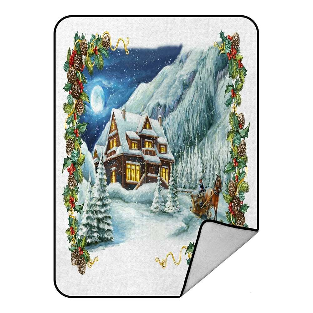PHFZK Snow Blanket, Christmas Winter Happy Scene Fleece Blanket Crystal
