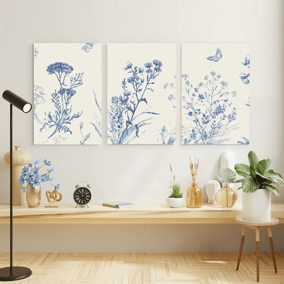 3pcs Canvas Print, Blue Toned Plant Wall Decoration, Minimalist Mural, Plant Art Print, Room Aesthetic Decoration, Fashionable Mural Poster, Suitable for Coffee Shop Living Room Bedroom Dining Room