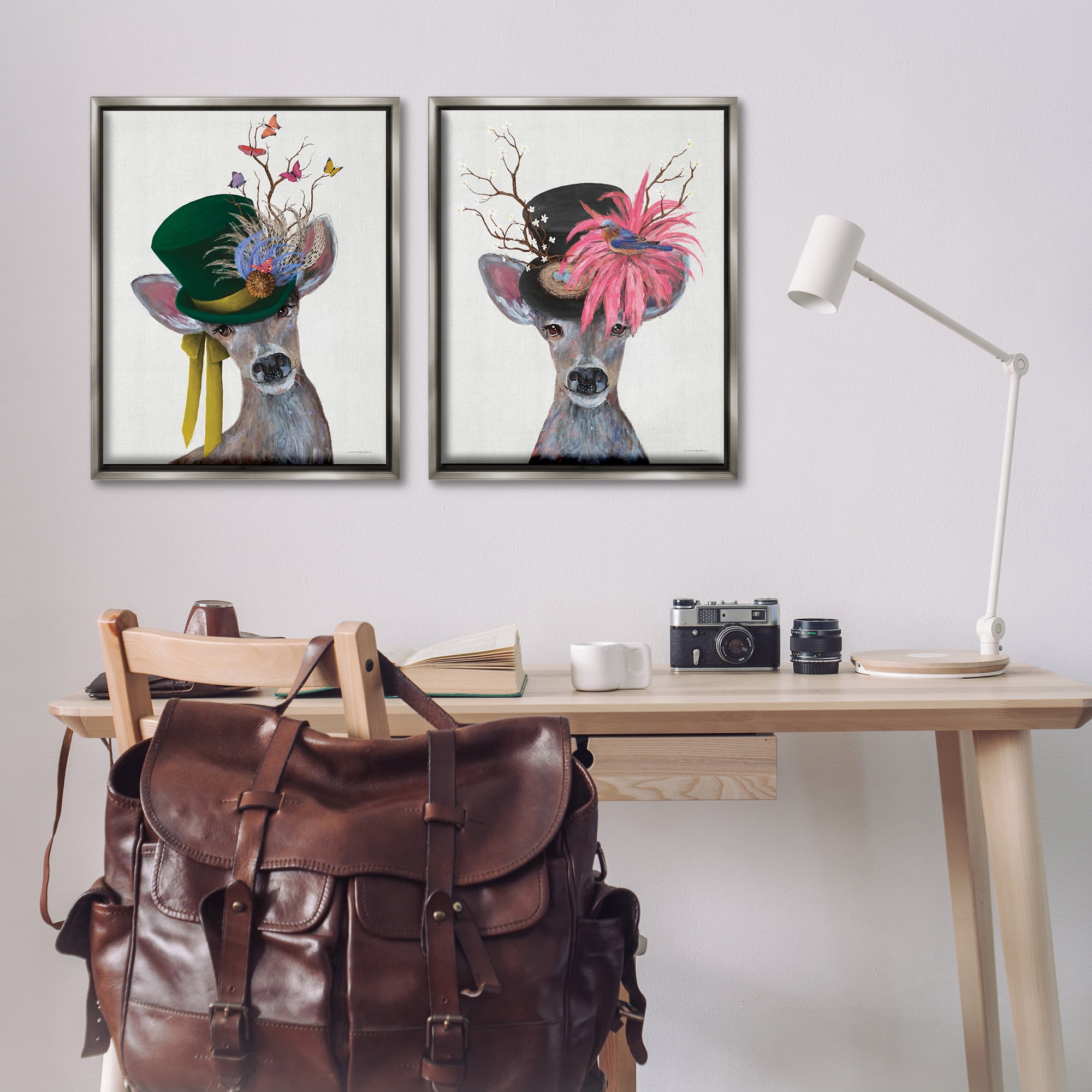 Stupell Industries Dapper Deer Floral Top Hat Animals Painting Gray Floater Framed Canvas Art Print Wall Art, 31 x 25, Set of 2