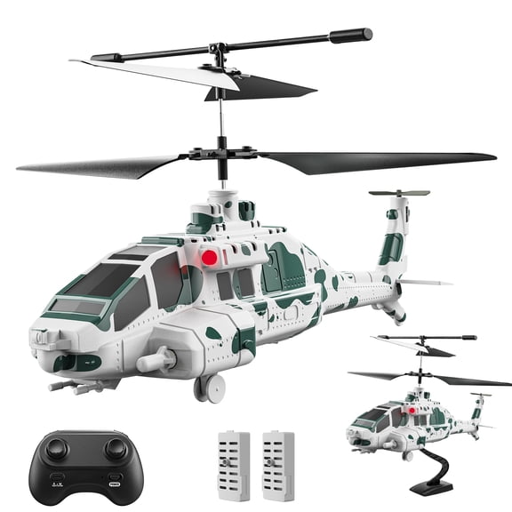 WeFone RC Apache Helicopter with 10 Launchable Missiles, 2.4GHz Remote Control Military Helicopter with Display Stand, Altitude Hold, LED Lights, Toy Gift for Kids Ages 14