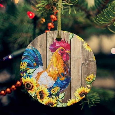 Farmhouse Rooster Ceramic Ornaments Retro Botanical Sunflower Floral Wood Round Porcelain Hanging Ornaments with Gold String Xmas Decorations Keepsake Gifts for Holiday Home Party 3