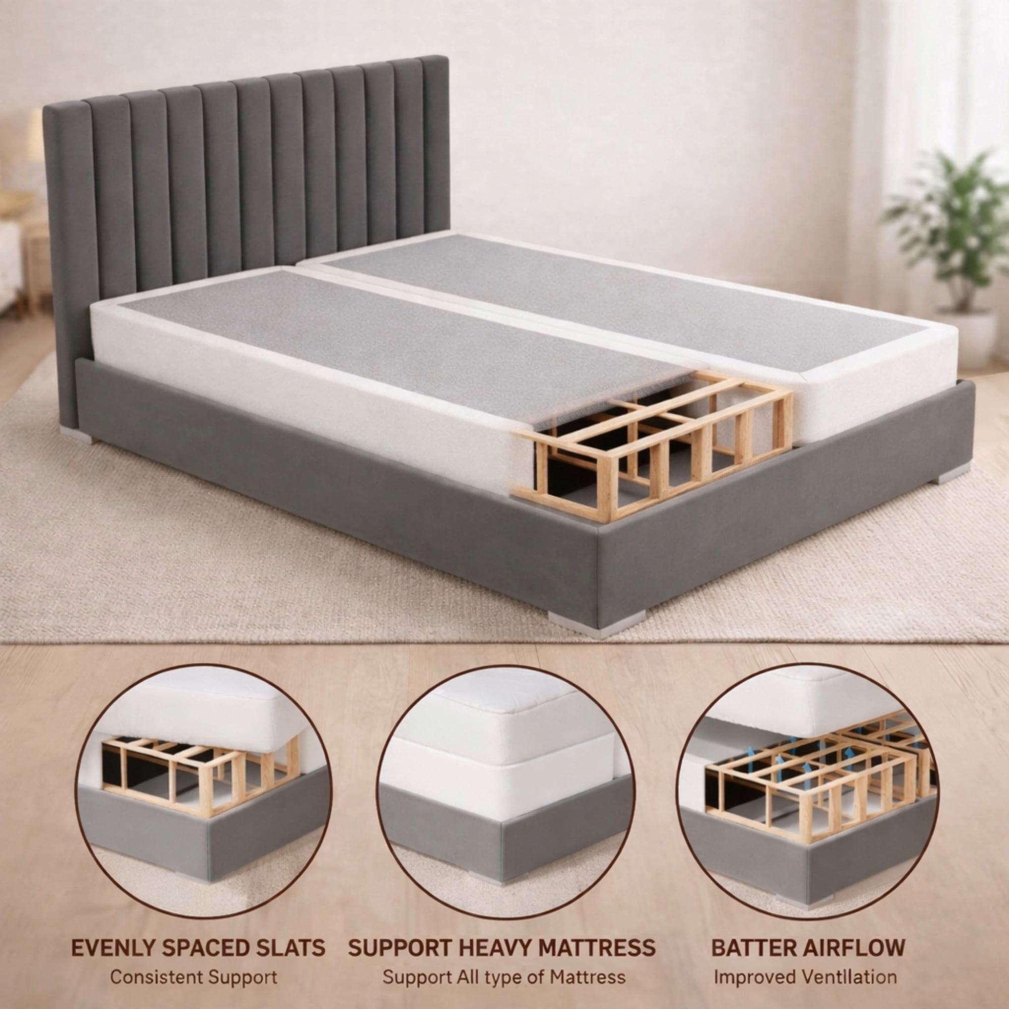 Wayton, 4" Split Sturdy Fully Assembled Wood Box Spring for Mattress, Queen, White