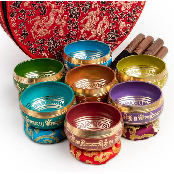 Tibetan Singing Bowls Set Of 7 Chakra Colour for Meditation Mindfulness with Carry Box by Himalayan Bazaar