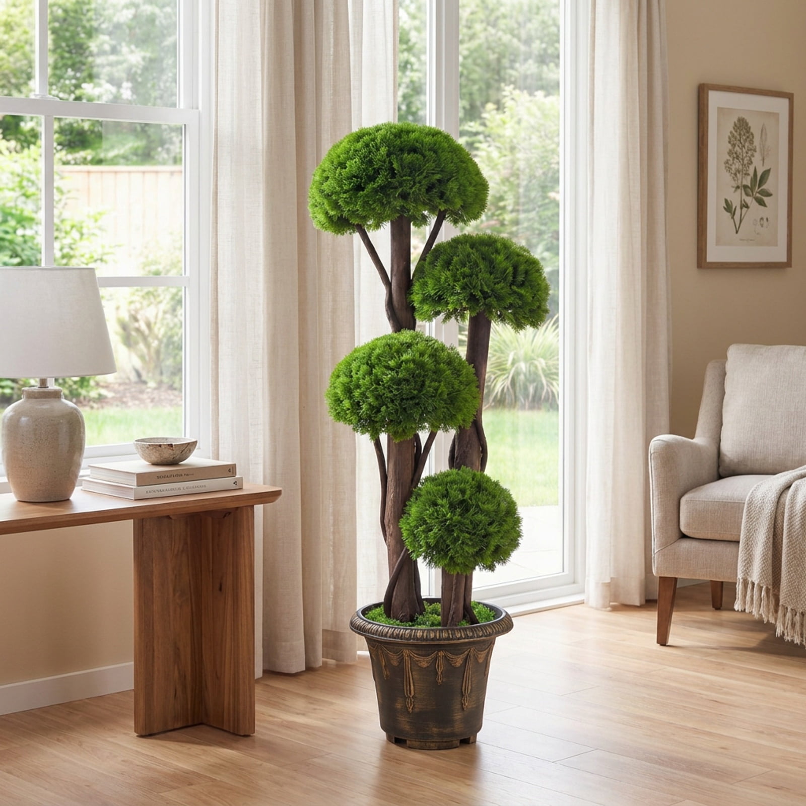 Vebreda Artificial Plant Decor, 3 FT Artificial Cypress Topiary Tree Realistic Greenery Plant with Spiral Vines and Real Wood Trunks