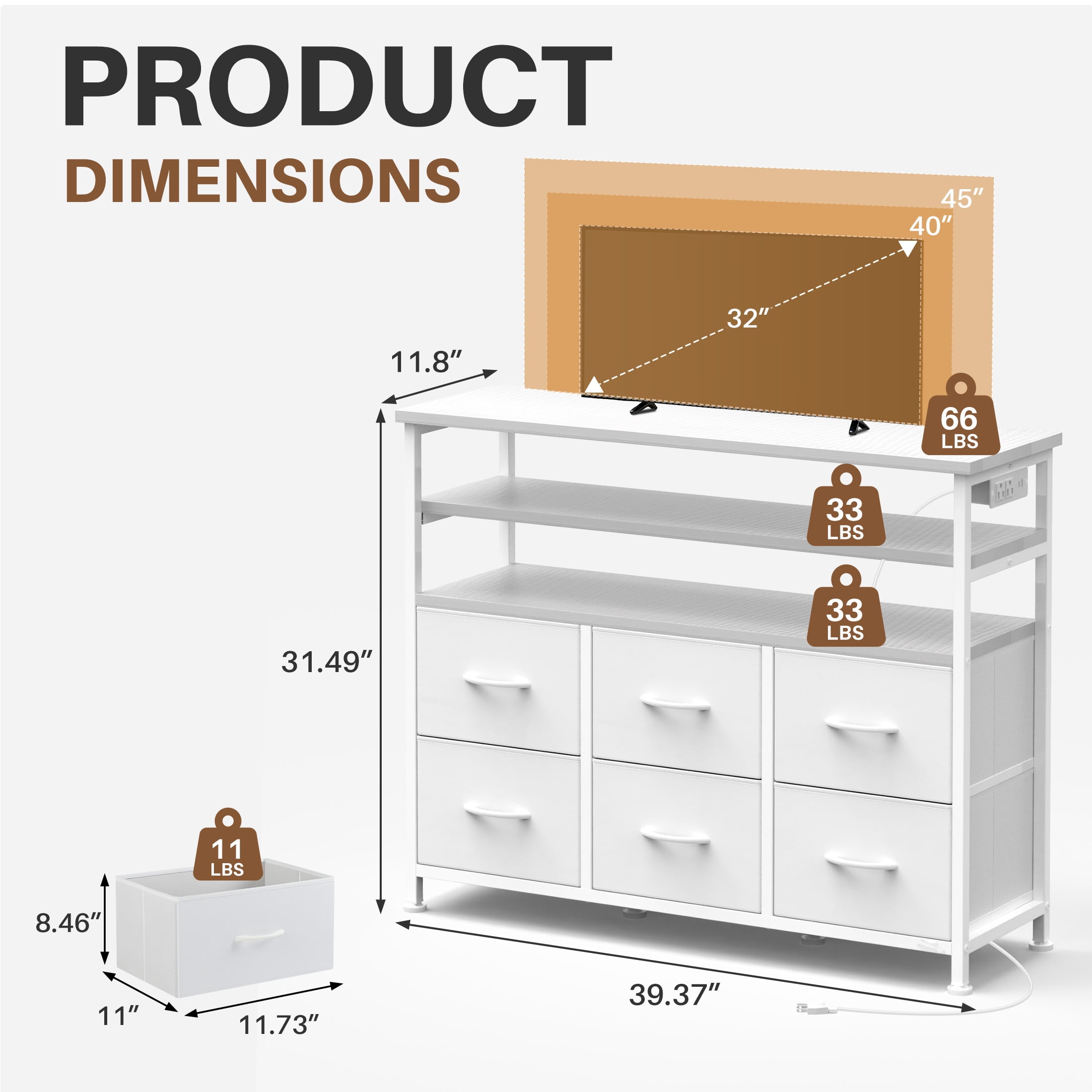 EDX 6-Drawer Fabric Dresser with Power Outlets and LED Light, Storage Organizer and TV Stand for Bedroom, Living Room, Hallway, White