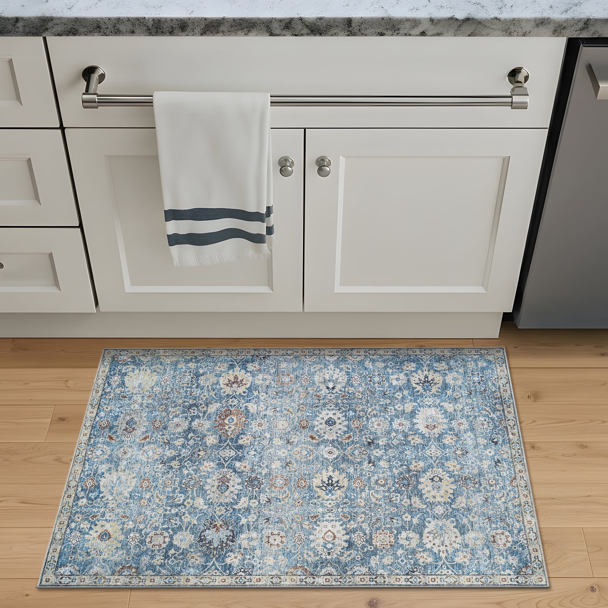Bloom Rugs Washable Non-Slip 2x3 Rug - Blue / Beige Traditional Oriental Area Rug for Living Room, Bedroom, Dining Room, and Kitchen - Exact size: 2' x 3'
