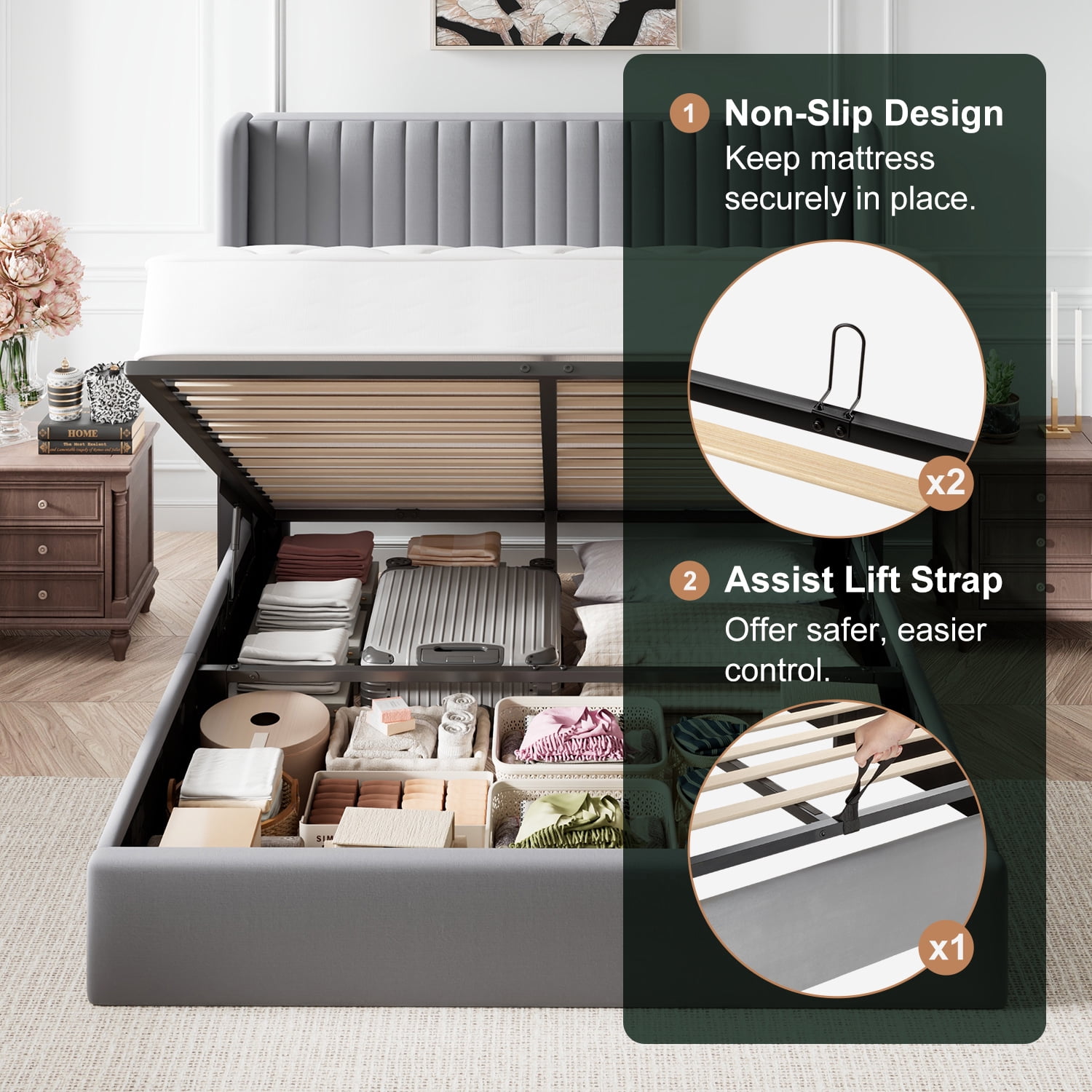 Amolife Full Size Lift Up Hydraulic Storage Bed Frame, Platform Bed with Upholstered Wingback Headboard with Vertical Channel Tufting, Gray
