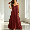thumbnail image 2 of Morttic Women's Sexy Spaghetti Strap V-Neck Maxi Dress with Pockets – Flowy A-Line Summer Sundress Casual Daily Wear Wine Red，XL, 2 of 6