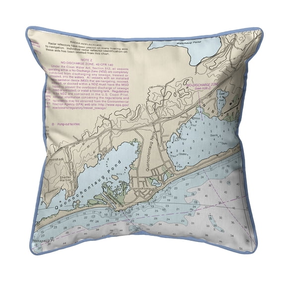 Betsy Drake Interiors Block Island Sound - Quonochontaug, RI Nautical Map Small Corded Indoor/Outdoor Pillow 12x12