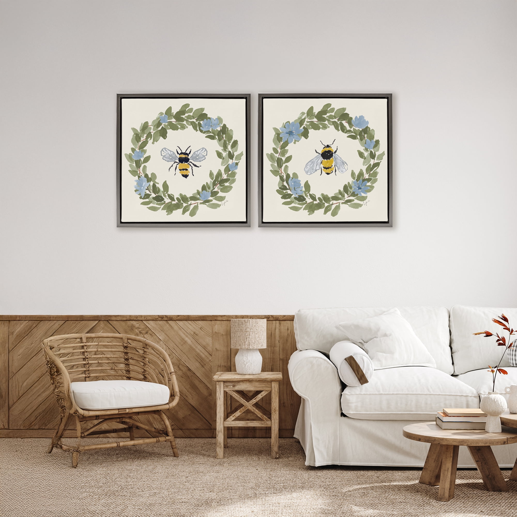 Stupell Industries Bee Floral Celebrations 2 Piece Gray Framed Floater Canvas Set, design by Lucille Price